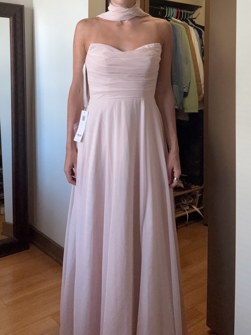 Blush pink A-line bridesmaid dress with neckscarf
